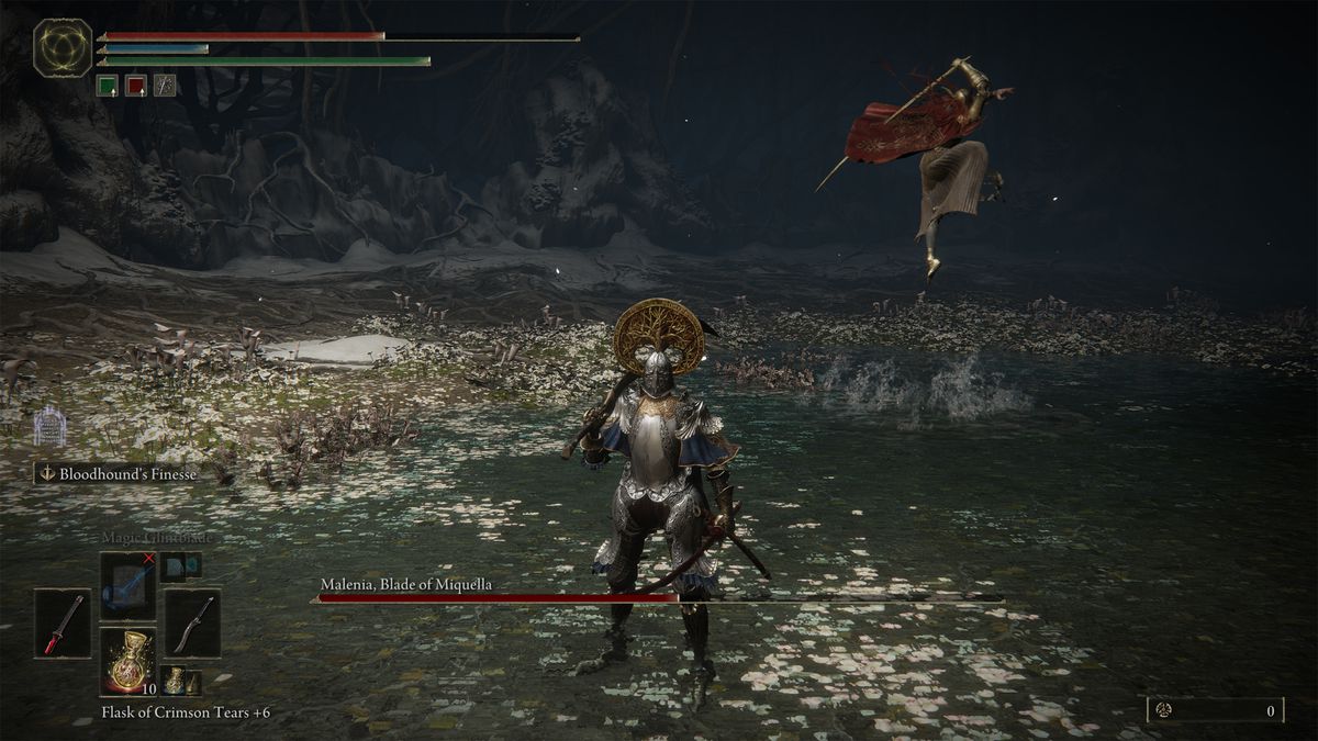 Malenia leaps in the air with her leg up, swinging her sword back in Elden Ring