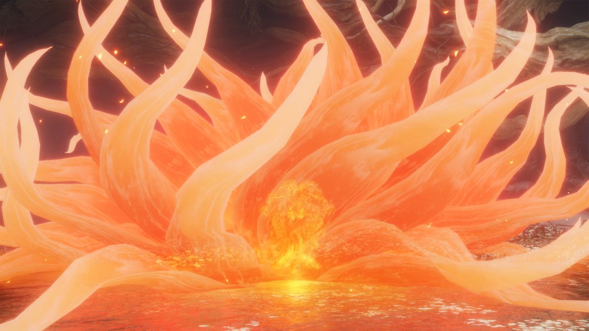 Huge orange, fiery vines come out of the ground to represent Malenia’s second phase in Elden Ring