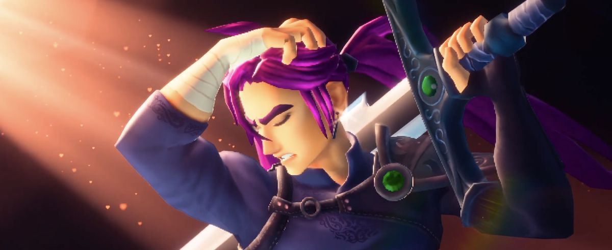 En lågpoly-videospelkaraktär som dramatiskt böjer huvudet när han griper sitt massiva svärd med ena handen, lila hår böljar i vinden