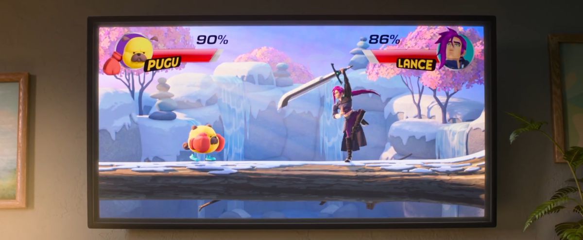 En animerad version av ett videospel på en TV-skärm.  Det ser ut som ett Super Smash Bros.-liknande spel, där en tecknad blob och en JRPG-karaktär kämpar mot det. 