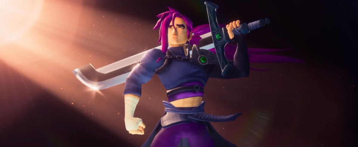 En PlayStation 2-liknande videospelkaraktär med böljande lila hår och ett massivt svärd. 