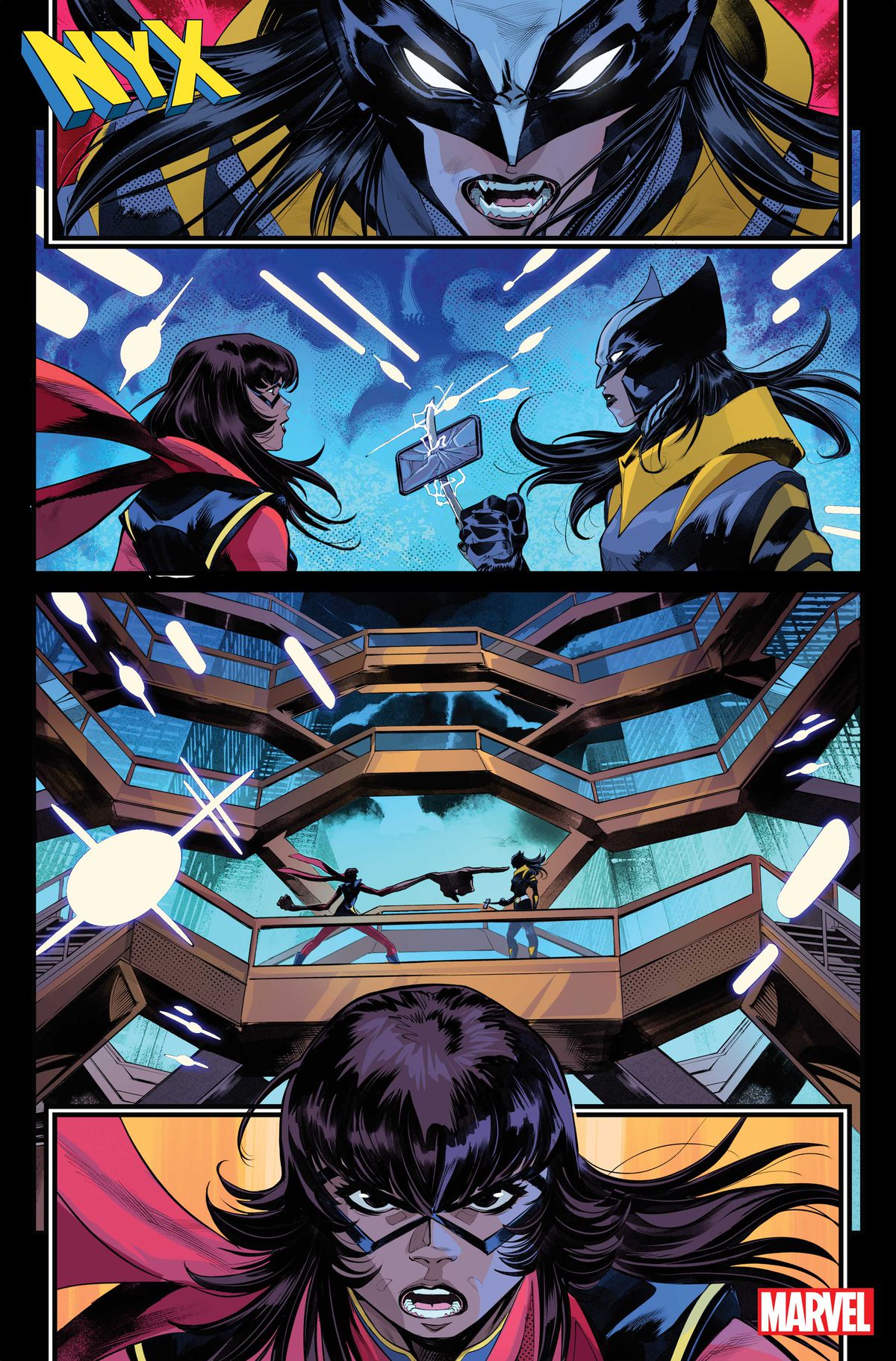 Ms Marvel och Wolverine (Laura Kinney) bråkar på toppen av fartyget i Hudson Yards, när Wolverine spjutar igenom en mobiltelefon med en av sina klor i NYX #1.