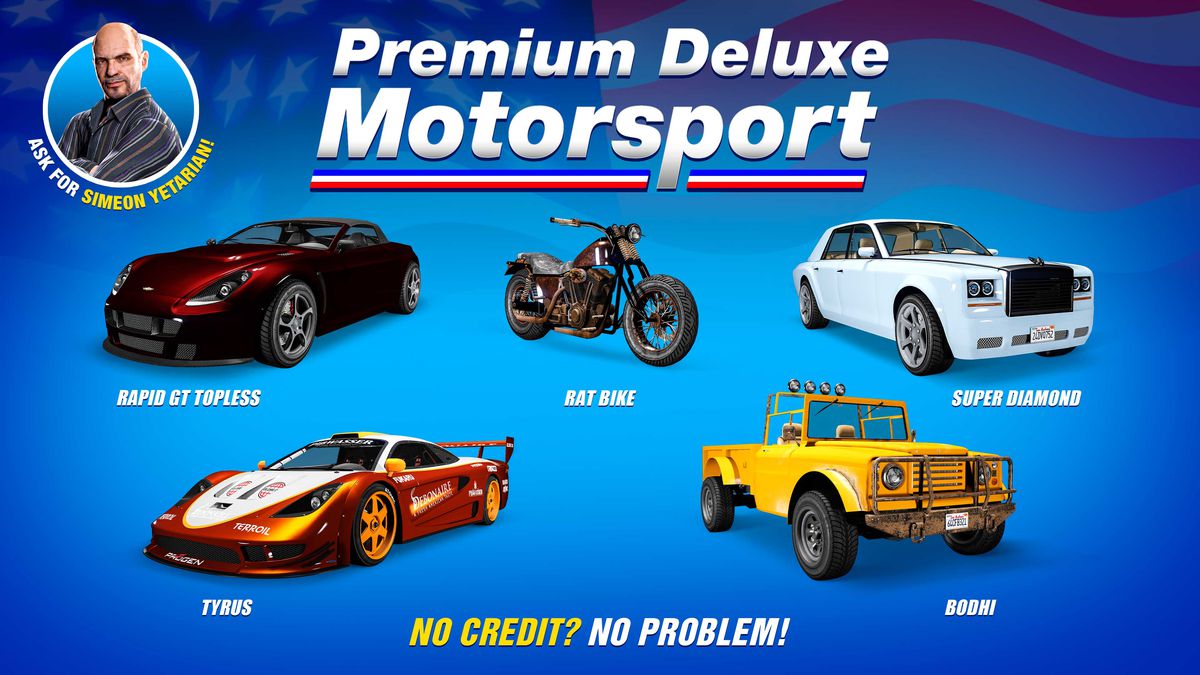 GTA Online-kampanjkonst för fordonen till salu på Premium Deluxe Motorsport den här veckan