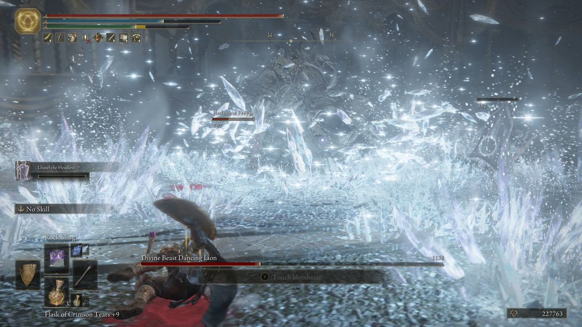 The Divine Beast Dancing Lion casts an ice spell during an Elden Ring DLC boss fight.