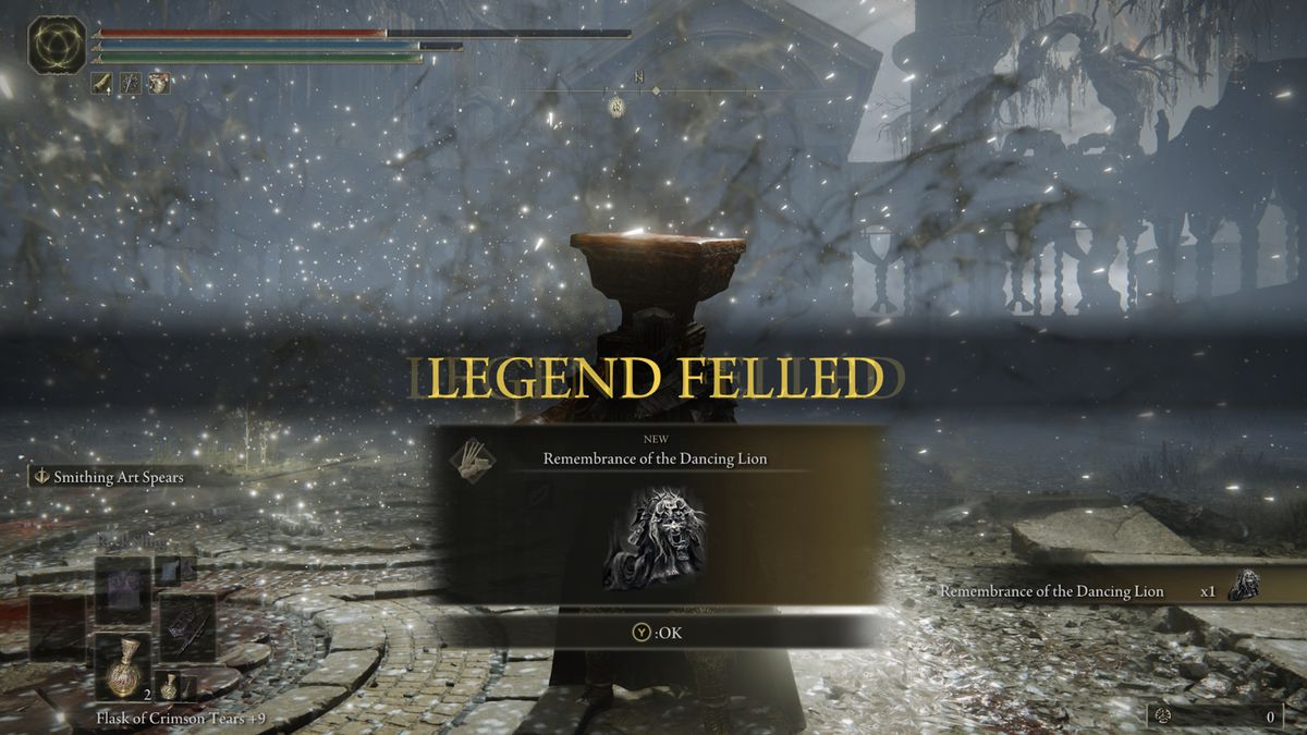 A menu shows an Elden Ring DLC player defeating the Divine Beast Dancing Lion boss fight.