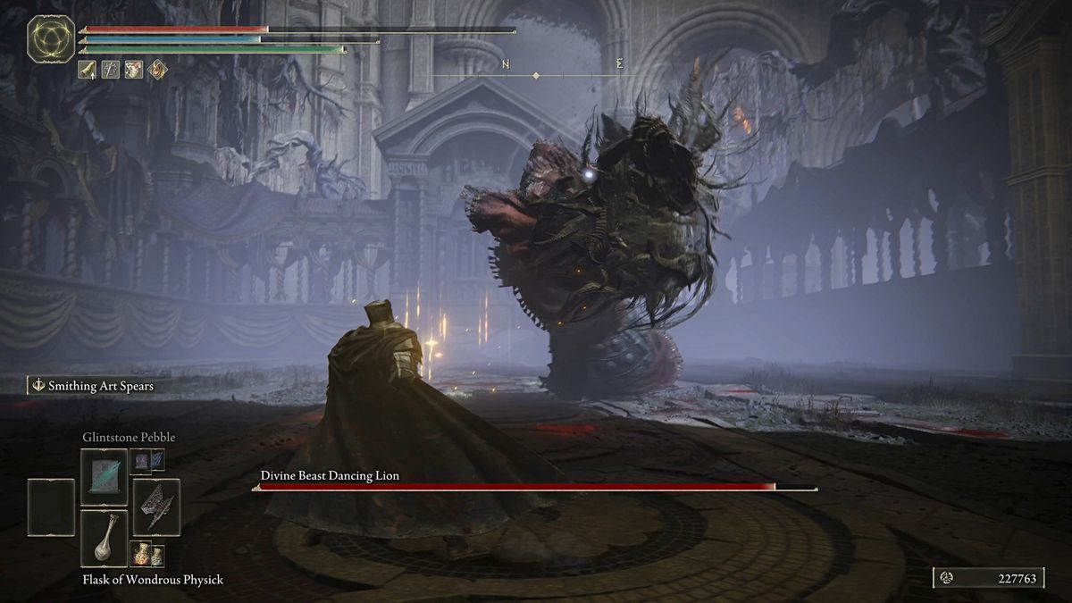 An Elden Ring DLC player fights Divine Beast Dancing Lion boss fight.