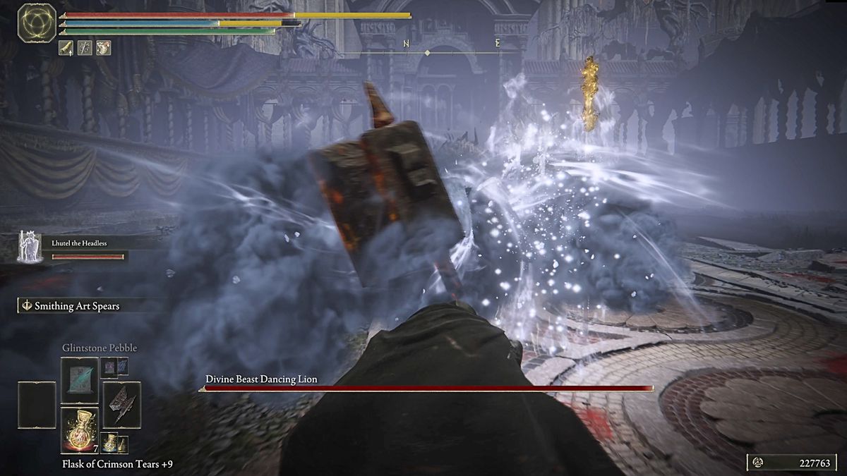 The Divine Beast Dancing Lion performs a spinning attack during an Elden Ring DLC boss fight.