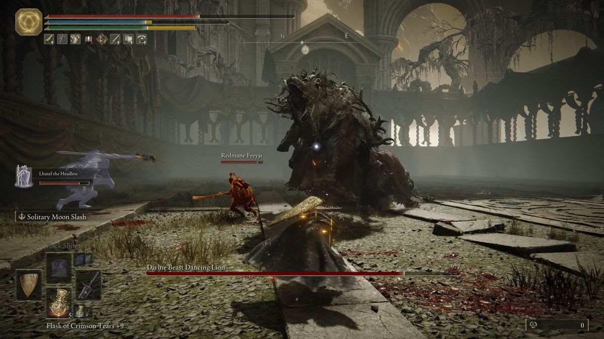 An Elden Ring DLC player fights Divine Beast Dancing Lion boss fight.