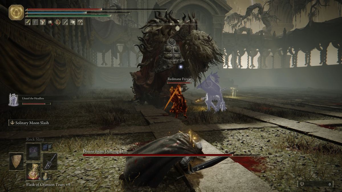 The Divine Beast Dancing Lion performs an attack in an arena during an Elden Ring DLC boss fight.