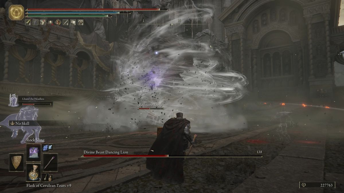 The Divine Beast Dancing Lion casts a wind spell during an Elden Ring DLC boss fight.