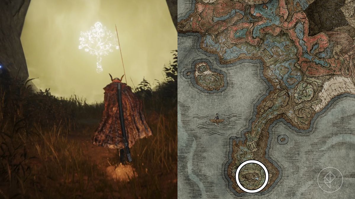 Miquellas sigil på en gul barriär som blockerar spelaren från att fortsätta i Elden Rings DLC, Shadow of the Erdtree.