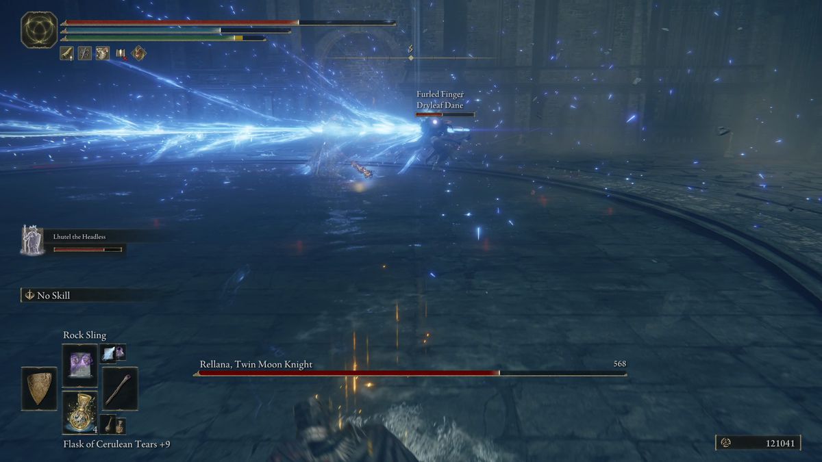 Rellana swipes the area with a huge blue glowing Carian Greatsword in Elden Ring