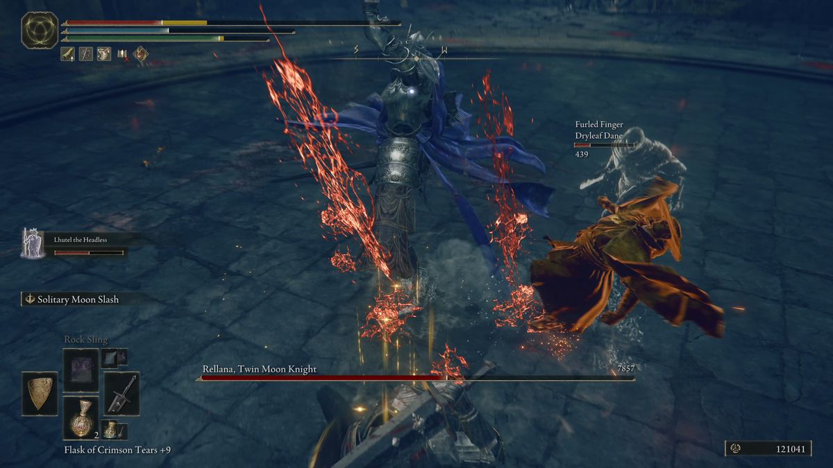 The Elden Ring DLC player walks back, dodging some of Rellana’s attacks