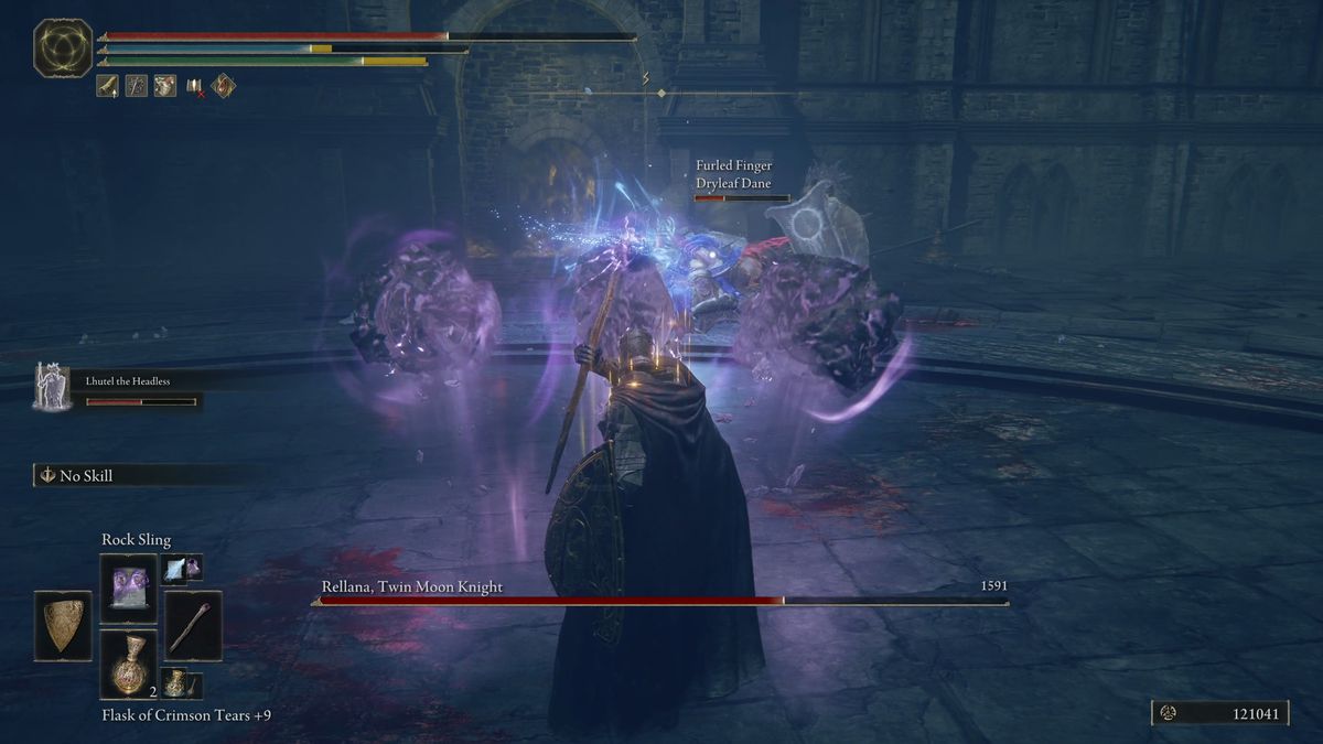 Some purple rocks float between Rellana and the Elden Ring DLC player