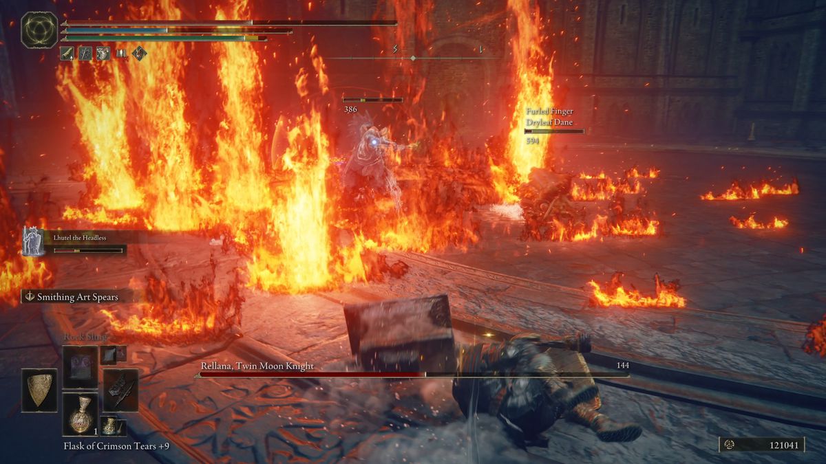 Lava and fire plumes around Rellana in the Elden Ring DLC