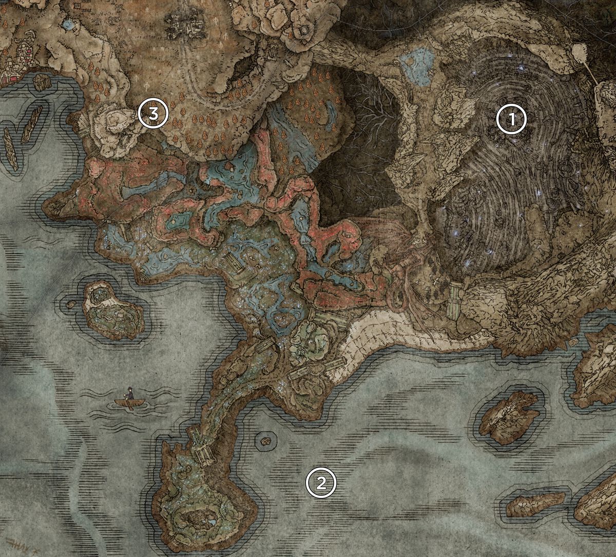 A map of the Southern Shores from the Elden Ring DLC, Shadow of the Erdtree, marked with the locations of talismans.