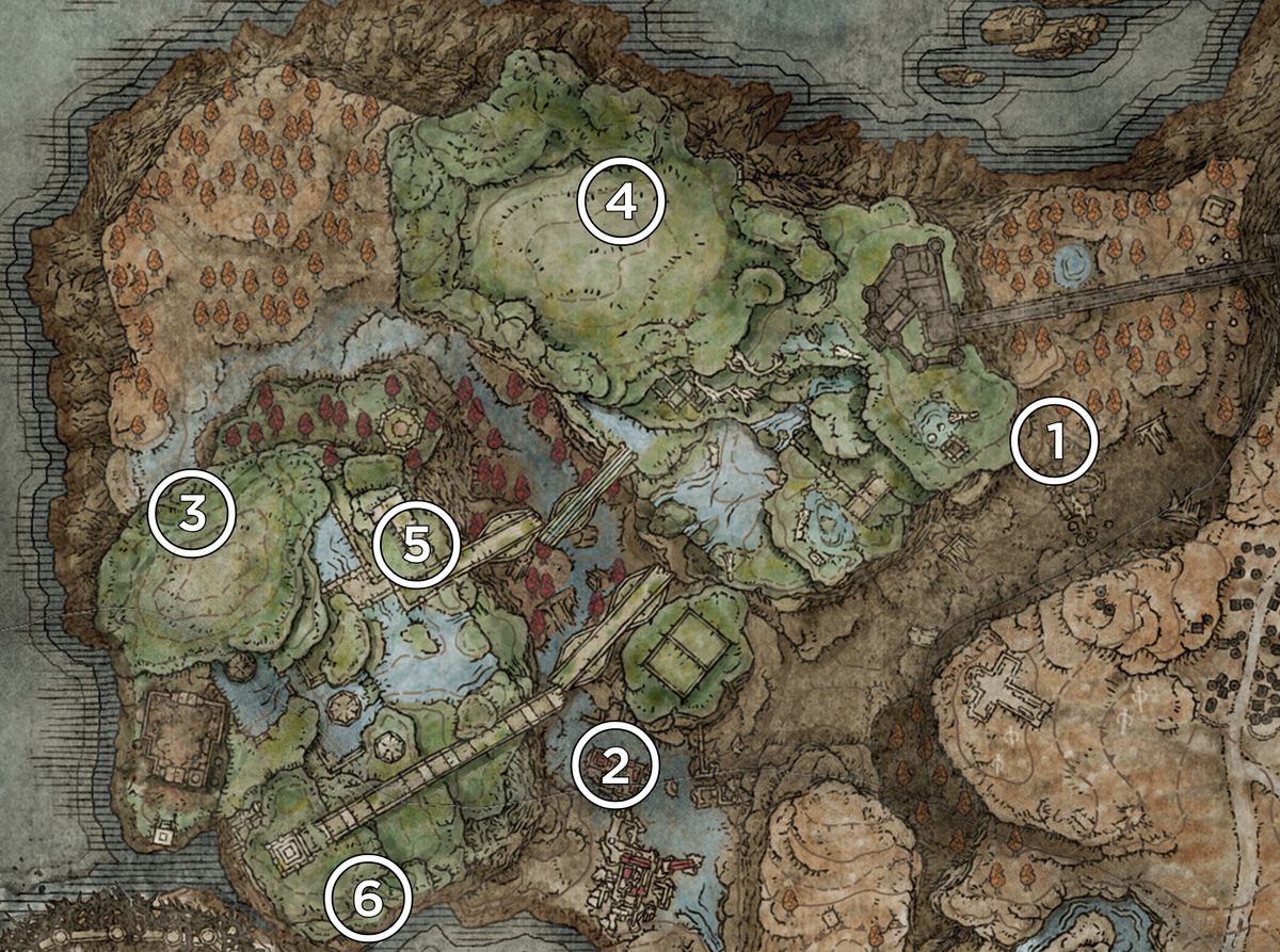 A map of the Rauh Ruins from Elden Ring’s DLC, Shadow of the Erdtree, marked with the locations of talismans.