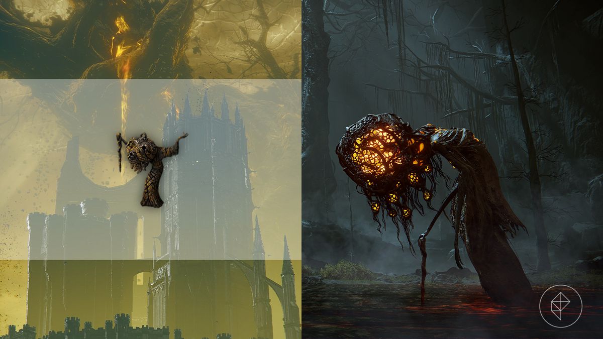 A creepy thin monster wearing from the Abyssal Woods from Elden Ring’s DLC, Shadow of the Erdtree, next to a talisman with its likeness.