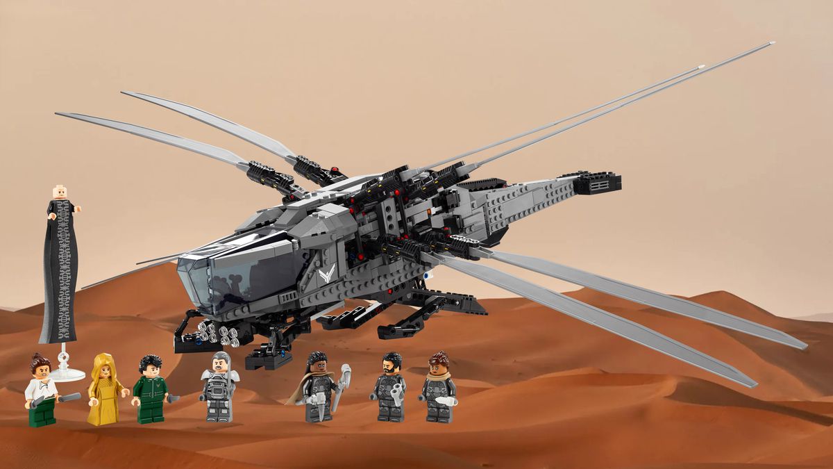 A stock photo of the Lego Dune Atreides Royal Ornithopter 