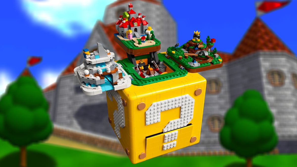 A stock photo of the Lego Super Mario 64 Question Mark Block