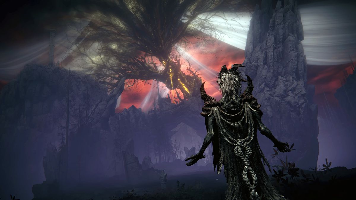 En skärmdump av Dragon Communion Priestess tittar upp på Scadutree från Elden Ring: Shadow of the Erdtree