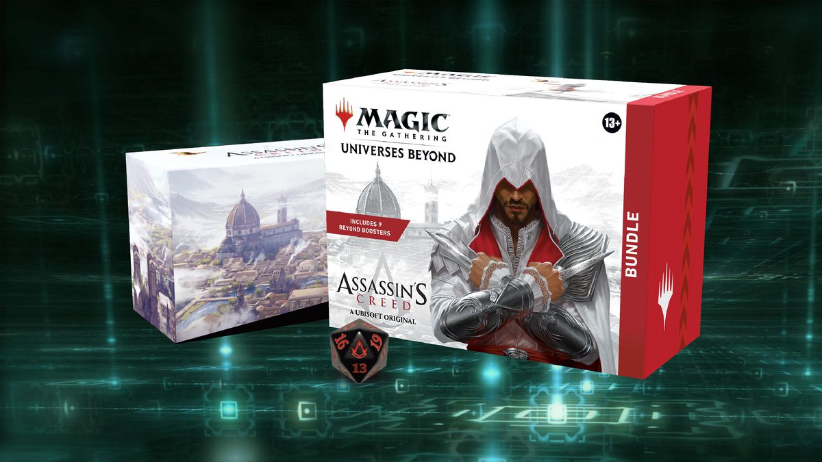 Arkivfoto av Assassin's Creed Universes Beyond-paketet för Magic: The Gathering