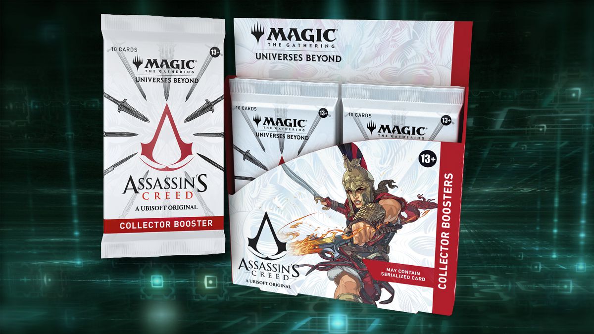 En bild på Assassin's Creed Universes Beyond Collector Boosters-lådan för Magic: The Gathering