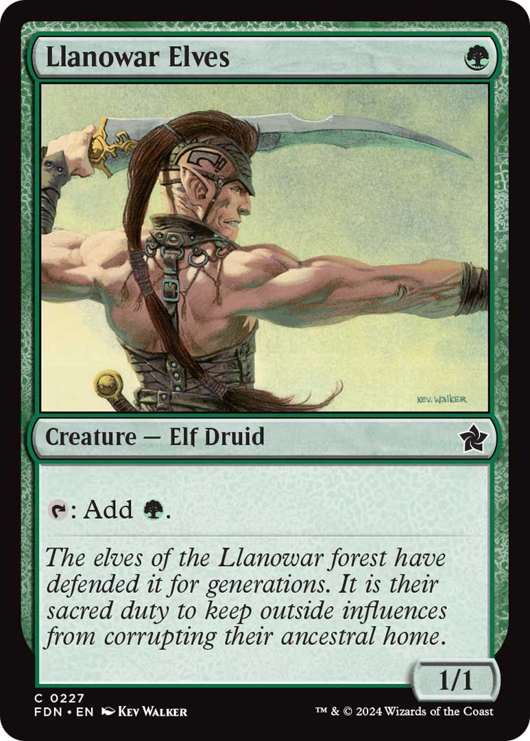 Llanowar Elves är en varelse, och Elf Druid, det vill säga 1/1 och lägger till en grön mana när den knackas.