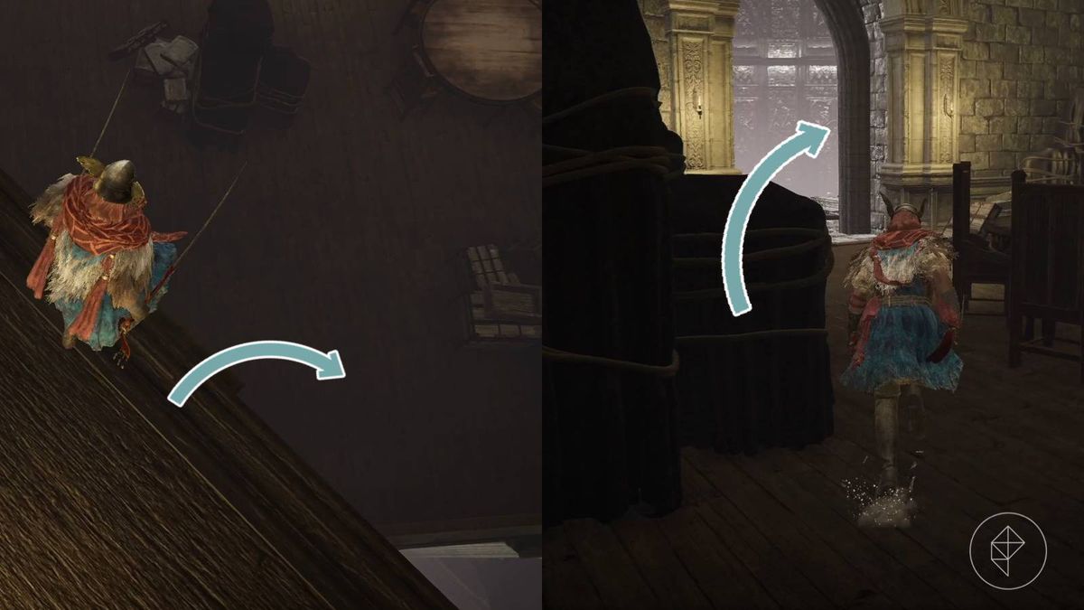 Nedfällbar punkt som leder till en hiss i loftsektionen av Specimen Storehouse i Elden Rings DLC, Shadow of the Erdtree.