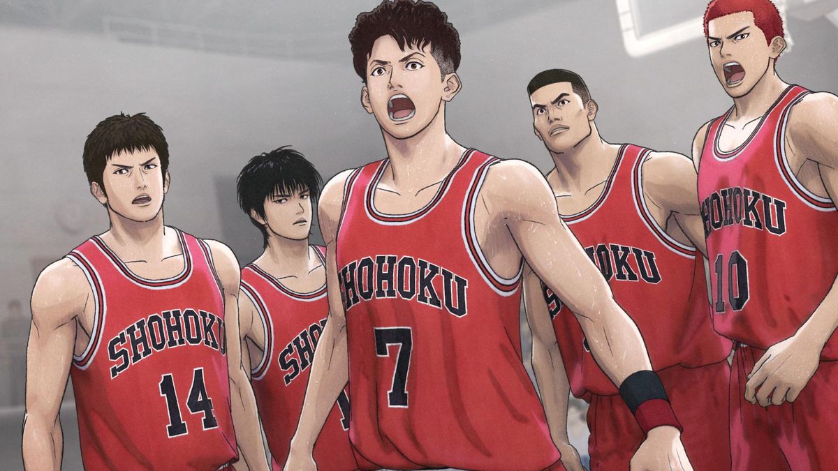 A group of animated teenage boys in matching basketball jerseys standing on a court in The First Slam Dunk.
