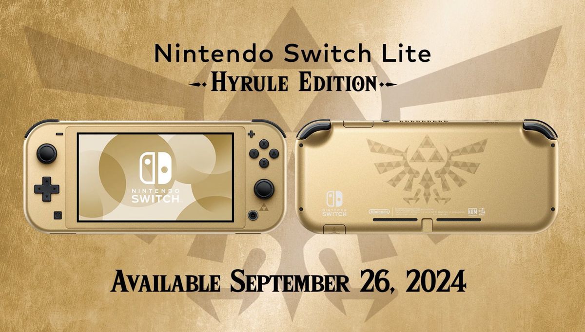 En guldgul Nintendo Switch Lite med Hyrule-vapen