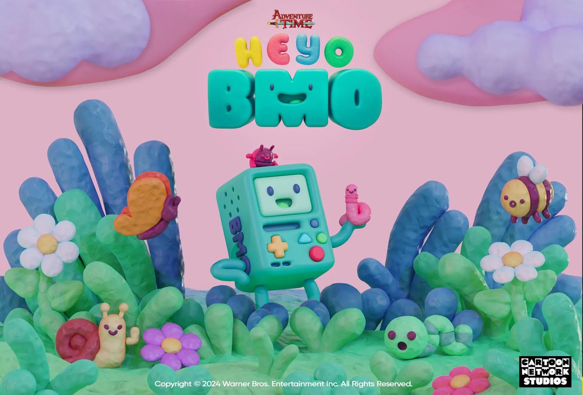 BMO poserar omgiven av söta insekter och växter i reklamkonst för Adventure Time: Heyo BMO. 