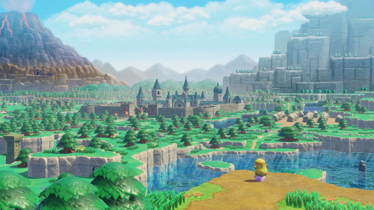 Prinsessan Zelda står framför ett brett landskapsdiorama med Hyrule Castle i fjärran i The Legend of Zelda: Echoes of Wisdom