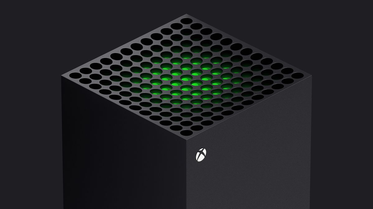 en tre fjärdedels vy av toppen av Xbox Series X, med en grön bit plast synlig precis under systemventilerna