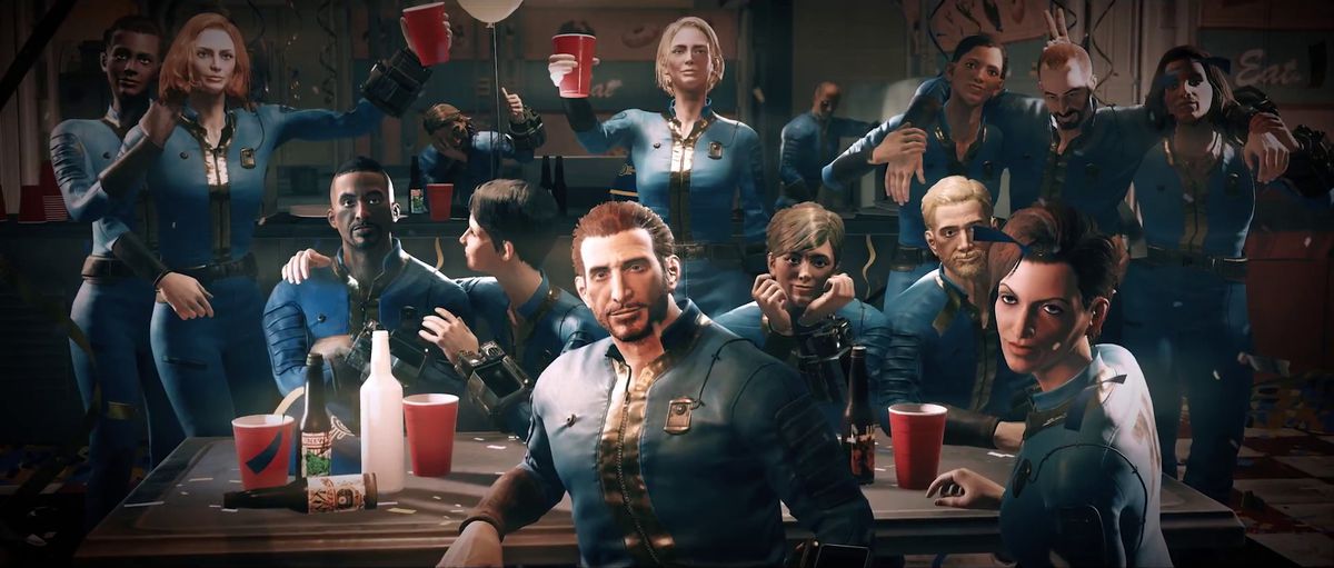 En grupp Vault 76-karaktärer som festar i Fallout 76