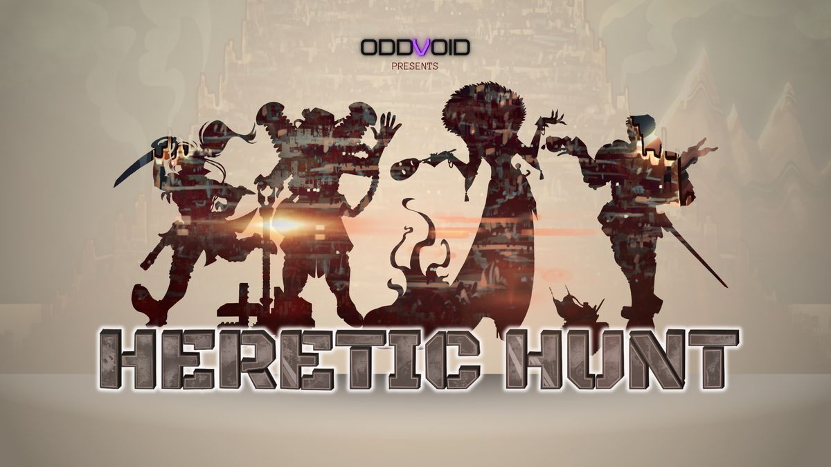 Key art for Heretic Hunt shows the silhouettes of its main characters, including a woman with a knife and a man with a cup of tea.