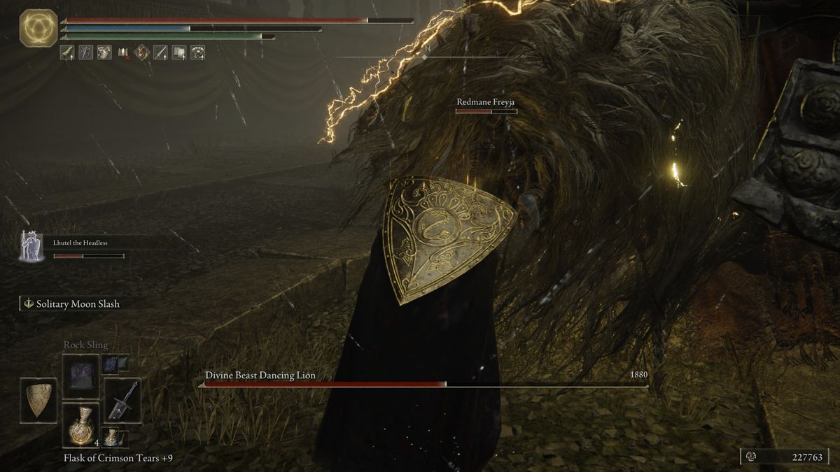 An Elden Ring DLC boss fight player fights Divine Beast Dancing Lion.