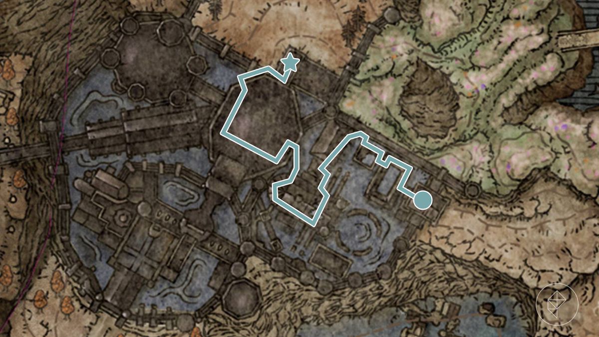 Väg till Shadow Keep Back Gate Site of Grace markerad på kartan över Elden Ring DLC, Shadow of the Erdtree.