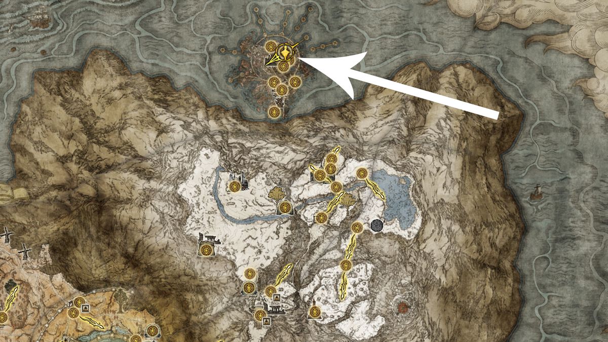 A map of where to find Malenia on a northern isle in Elden Ring