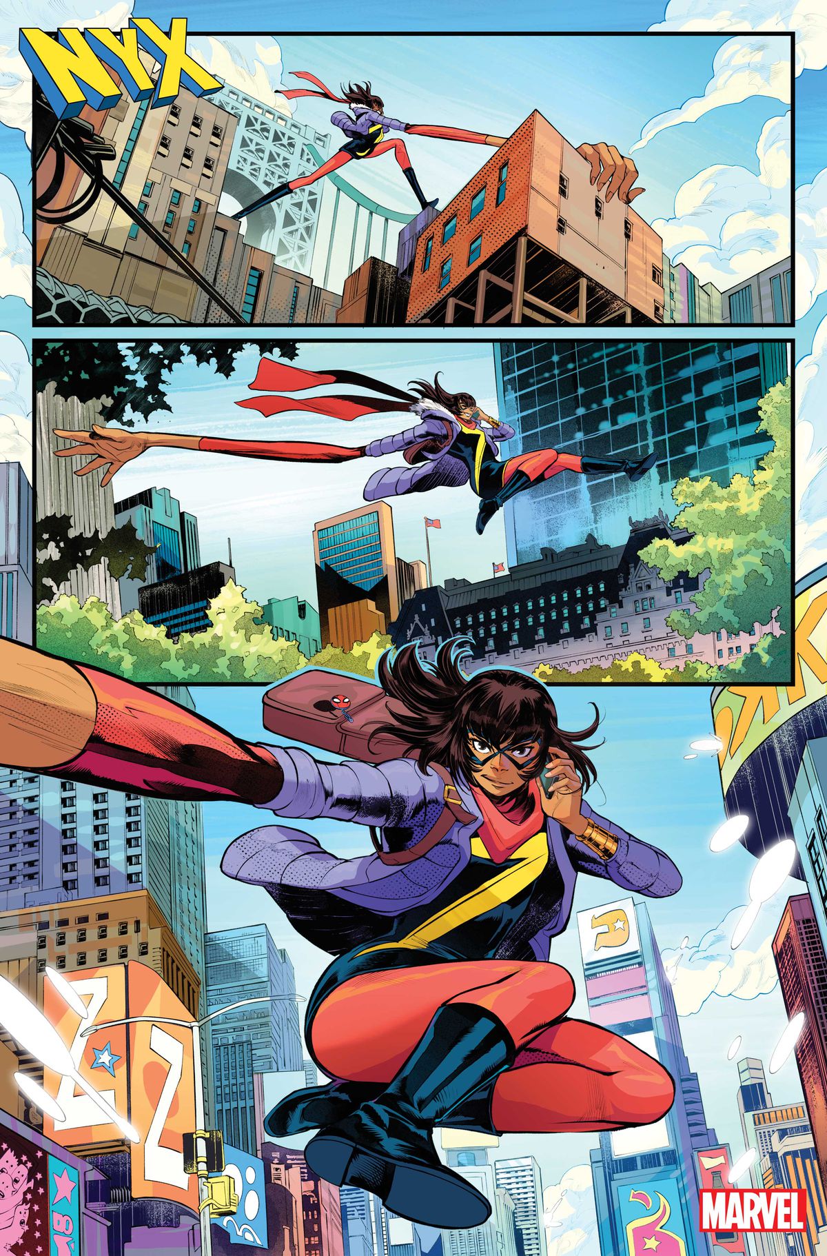 Ms. Marvel glider genom Manhattans gator med sina stretchiga lemmar, iklädd jacka och ryggsäck över sin superhjälteuniform, medan hon pratar i mobiltelefon i NYX #1.