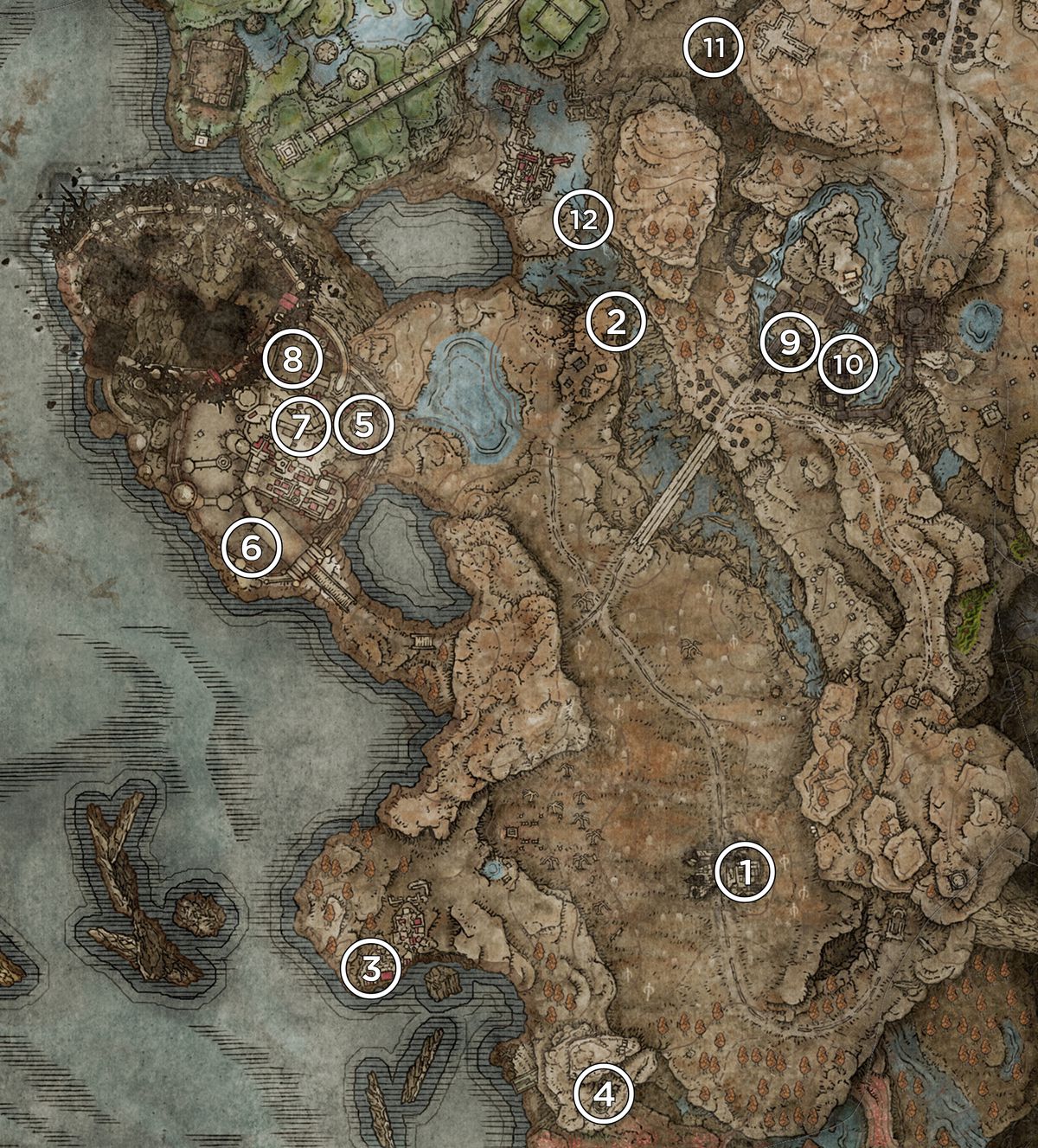 Map of the Gravesite Plains from Elden Ring’s DLC, Shadow of the Erdtree, marked with the locations of talismans.