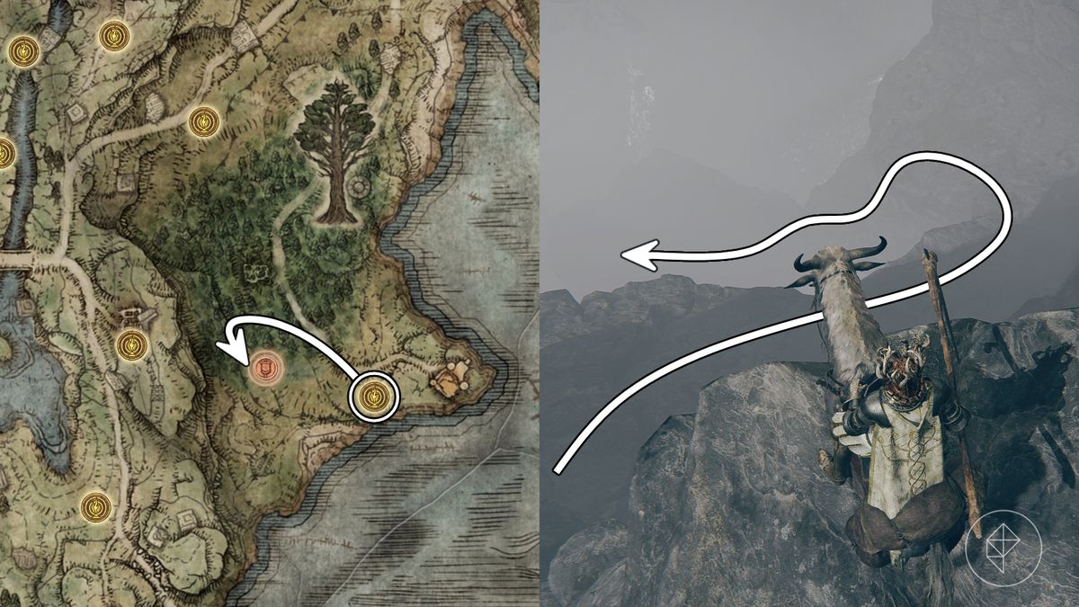 A map depicting what angle you should head into the crater in the Limgrave region of Elden Ring.