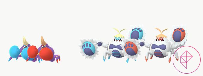 Shiny Crabrawler och Crabominable med sina vanliga former i Pokémon Go.  Crabrawler får röda handskar och Crabominables ljusblå accenter blir röda.