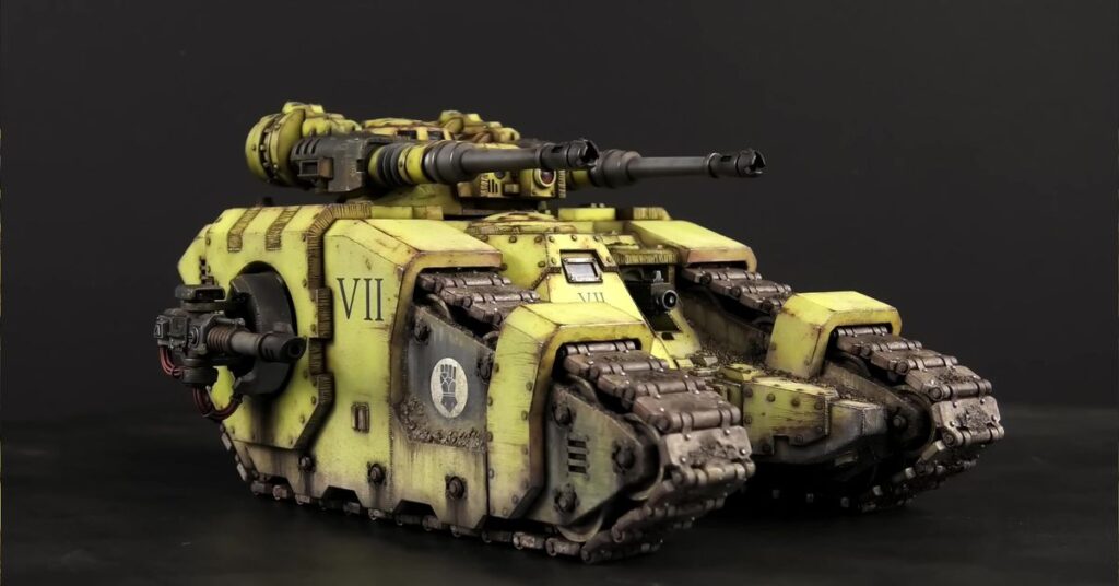 Skalmodellerare gör sin grej på en Warhammer 40K-stridsvagn, generar alla