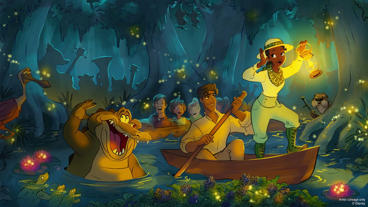 konceptkonst från Disneys nöjesparktur Tiana's Bayou Adventure: en illustration av Tiana från Prinsessan och grodan som håller en lykta längst fram i en kanot när prins Naveen ror båten på natten med alla typer av djur runt sig