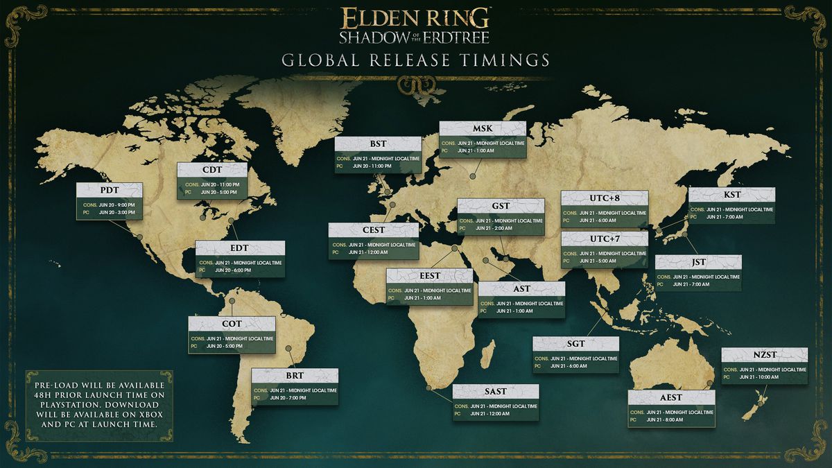 En grafik visar släpptiderna runt om i världen för Elden Ring Shadow of the Erdtree DLC.