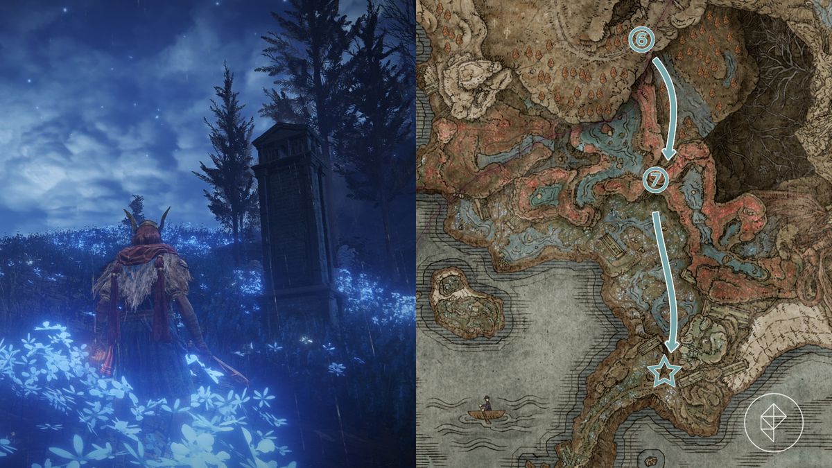 Karaktär som står framför en inskripterad stenplatta i ett fält med blå blommor i Elden Ring DLC ​​Shadow of the Erdtree.