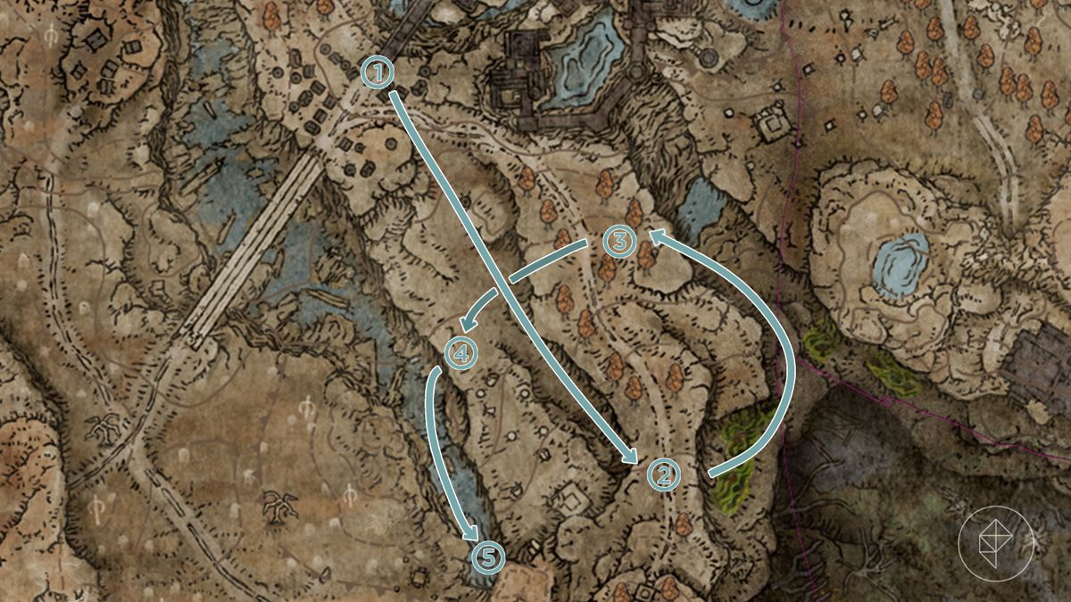Rutt till Southern Shores kartfragment markerat på kartan över Elden Ring DLC ​​Shadow of the Erdtree.