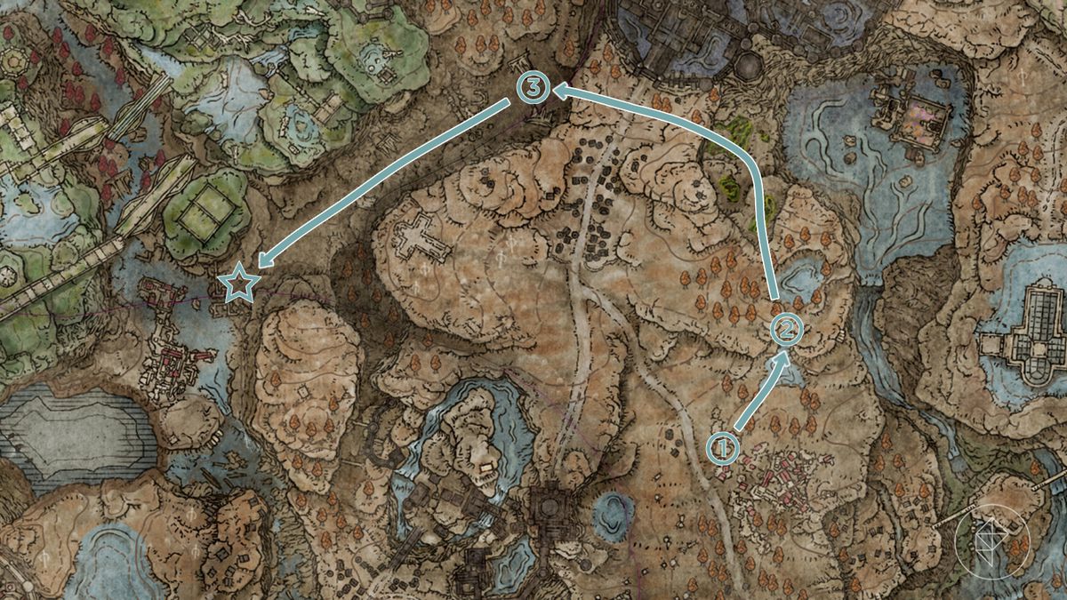 En karta som visar vägen till Rauh Ruins kartfragment i Elden Ring DLC ​​Shadow of the Erdtree.