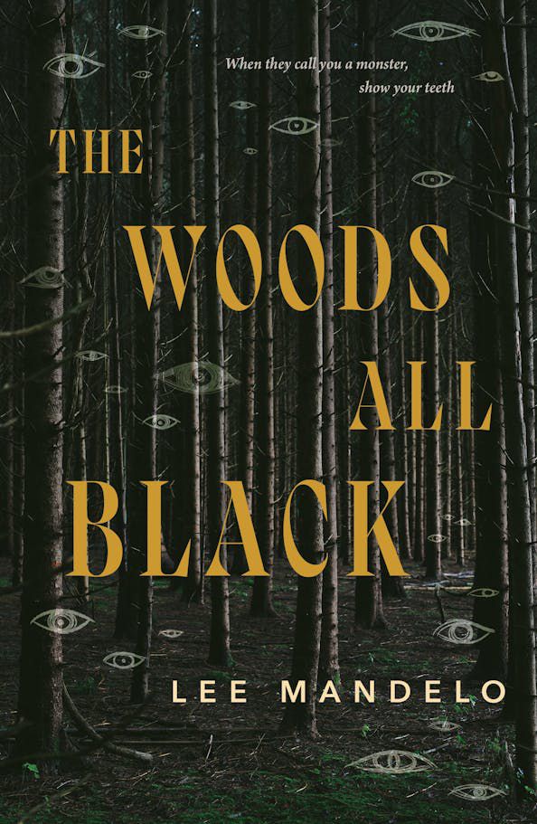 The cover of Lee Mandelo’s The Woods All Black: A dark image of trees in the woods with what looks like chalk-drawn eyes drawn all over them.